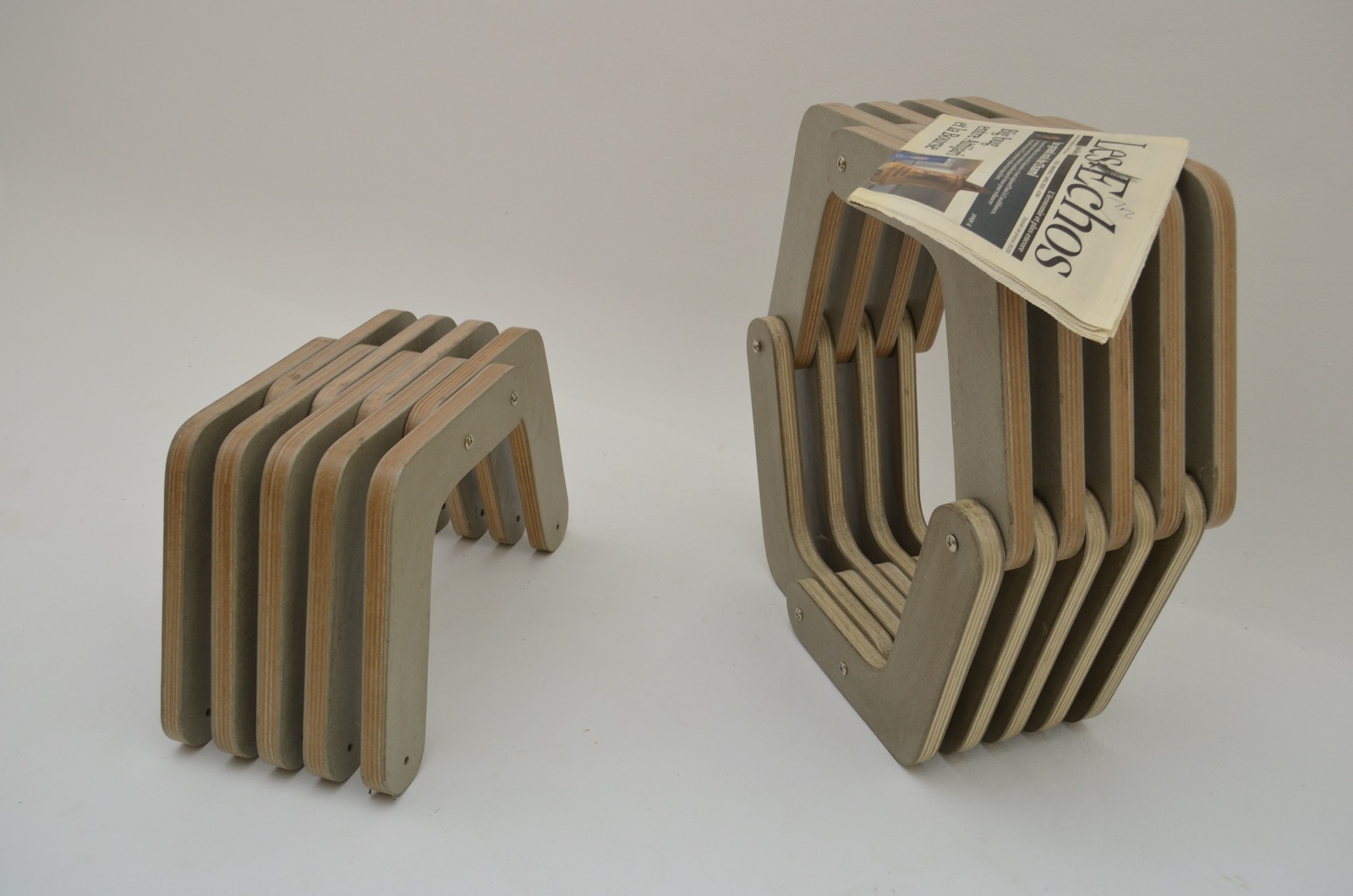 Pieces from the Boomerang series, in paper plywood
