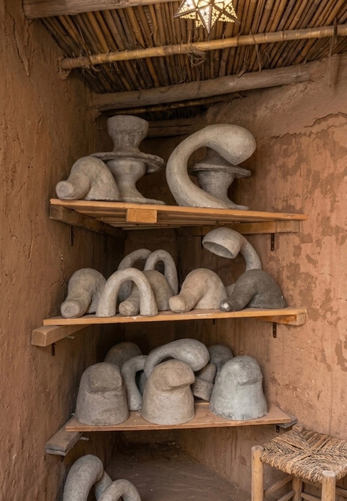 The workshop in Morocco, its shelves loaded with moulded pieces